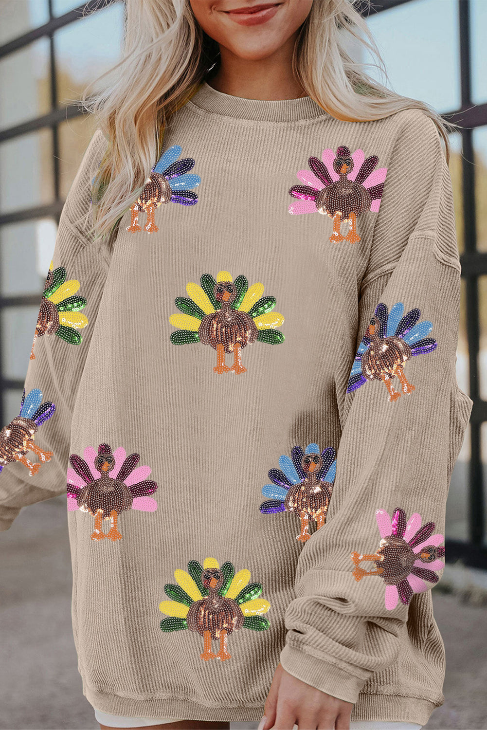 Smoke Gray Turkey Patch Application Graphic Corded Sweatshirt